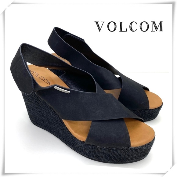 VOLCOM Espadrilles Platform Wedge Slingback Sandal In Black - Picture 1 of 12